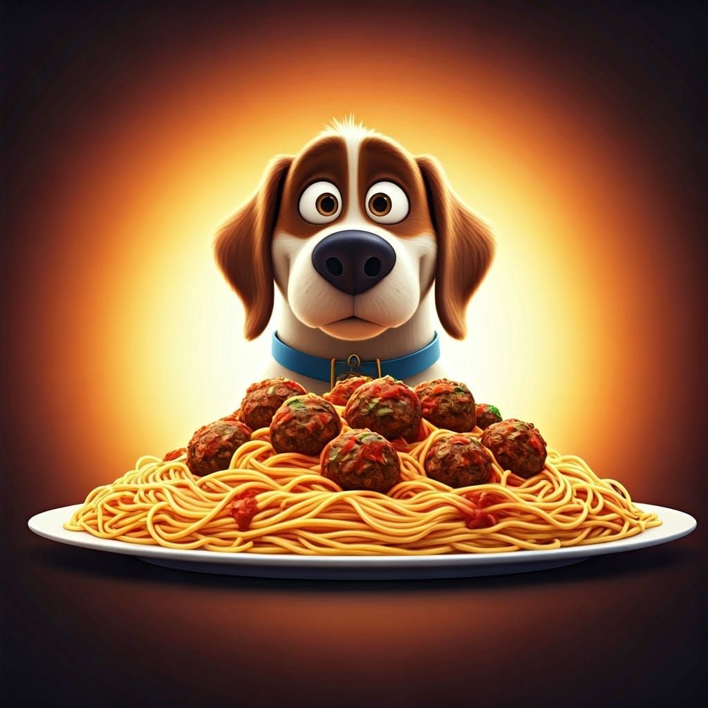Cinematic 3D Dog Savoring Giant Spaghetti Plate
