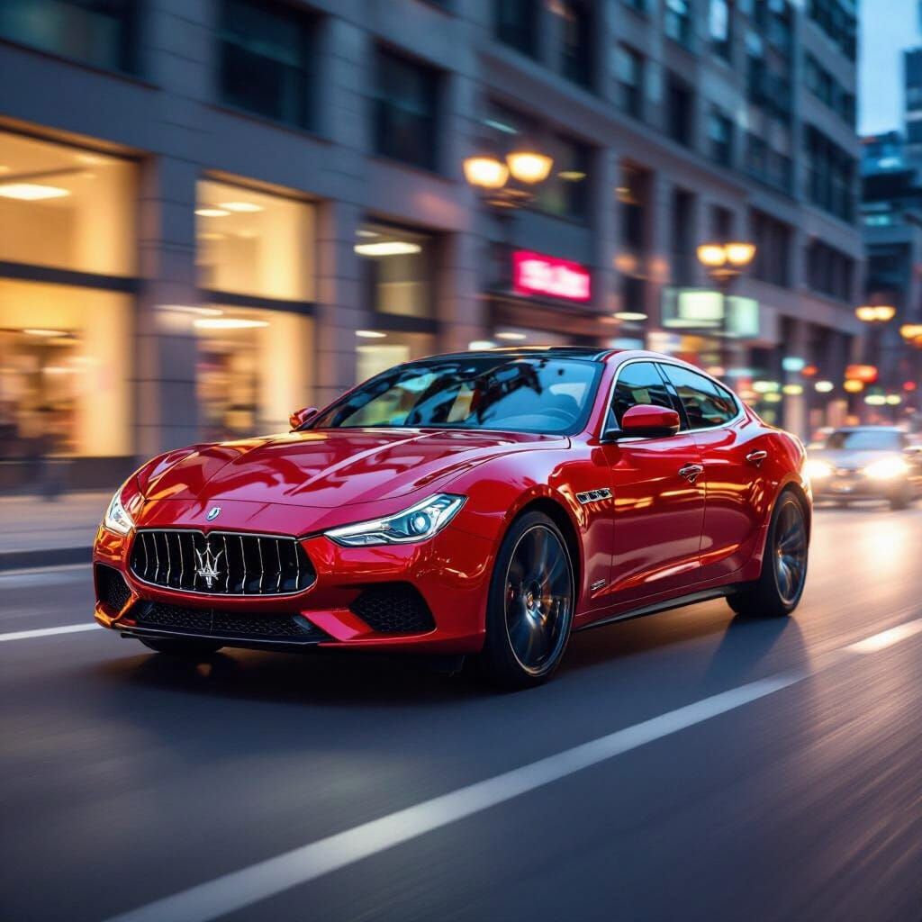 Maserati Ghibli Sportscar Speeds Through City at Dusk