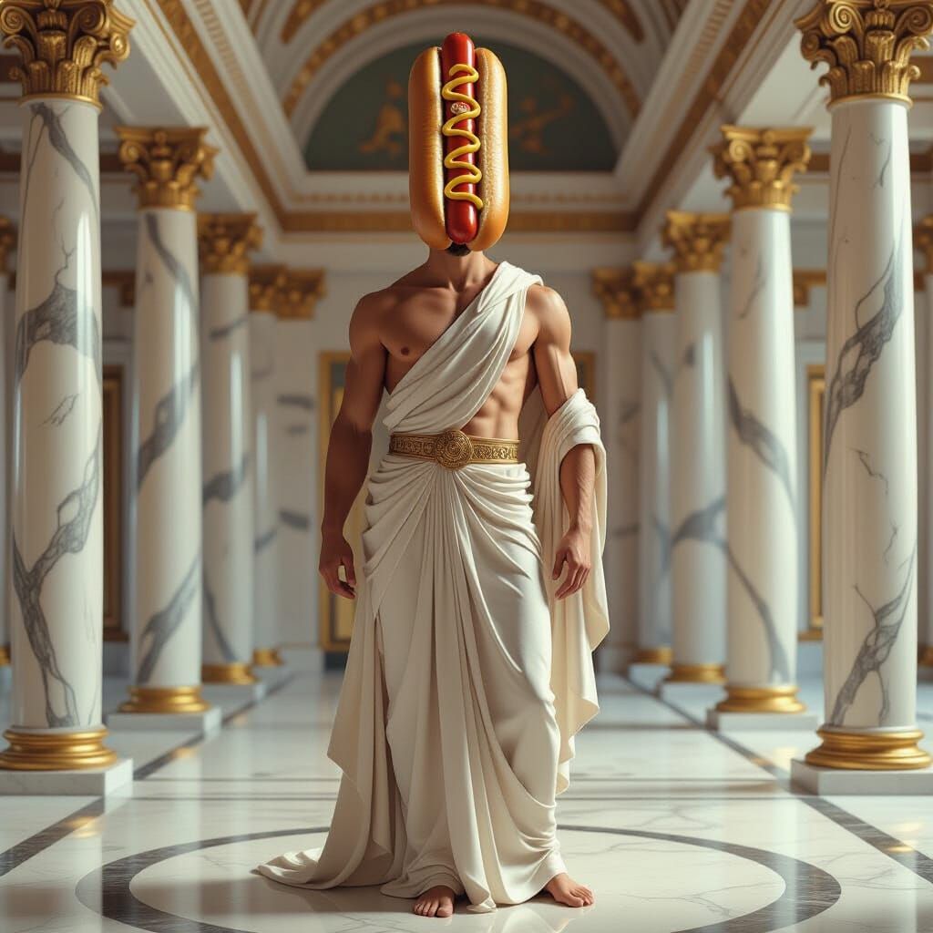 Hotdog-Headed Adonis in Neoclassical Palace