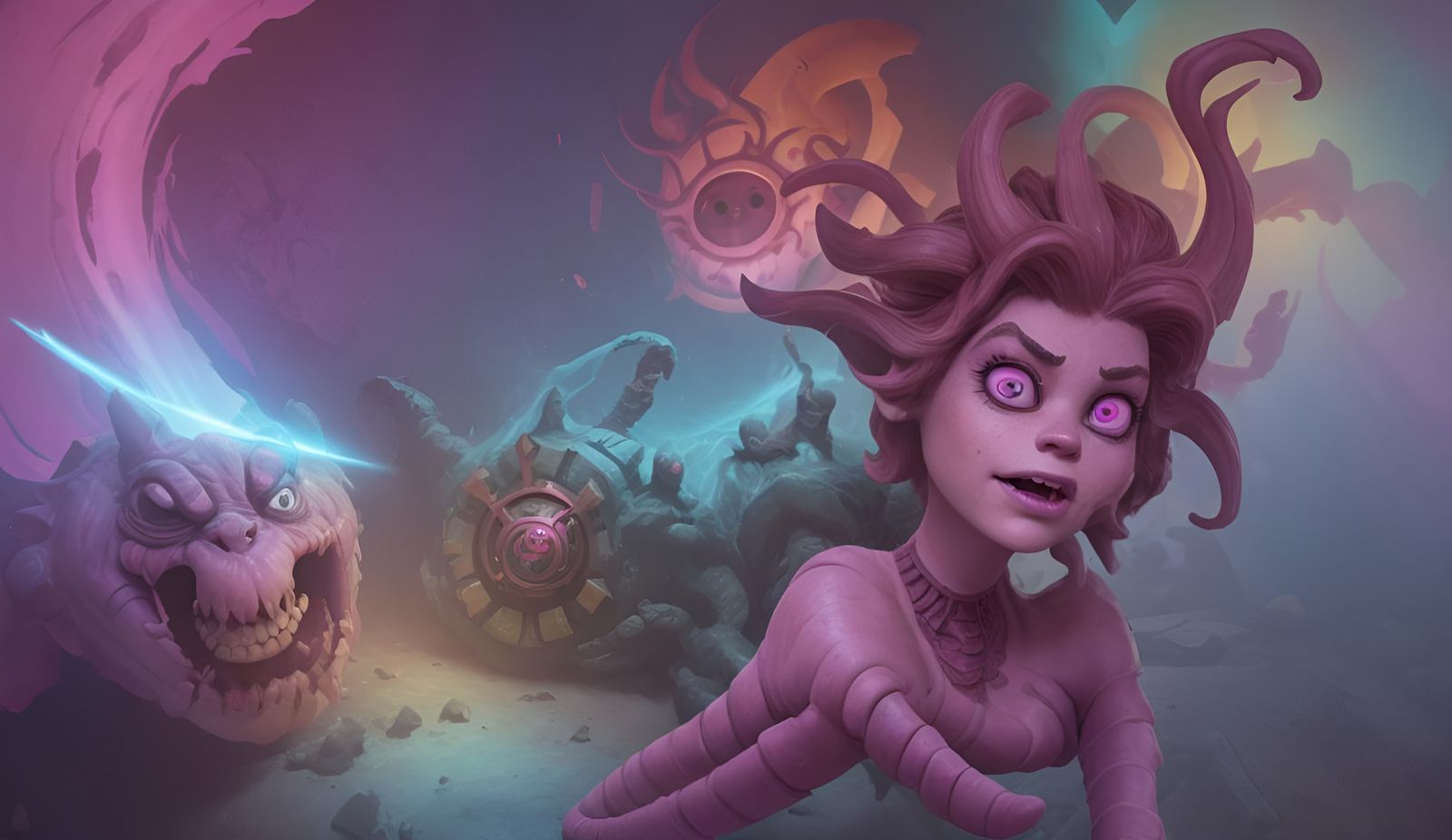 Cute Pink Beholder Exploring Dungeon as 3D Digital Art
