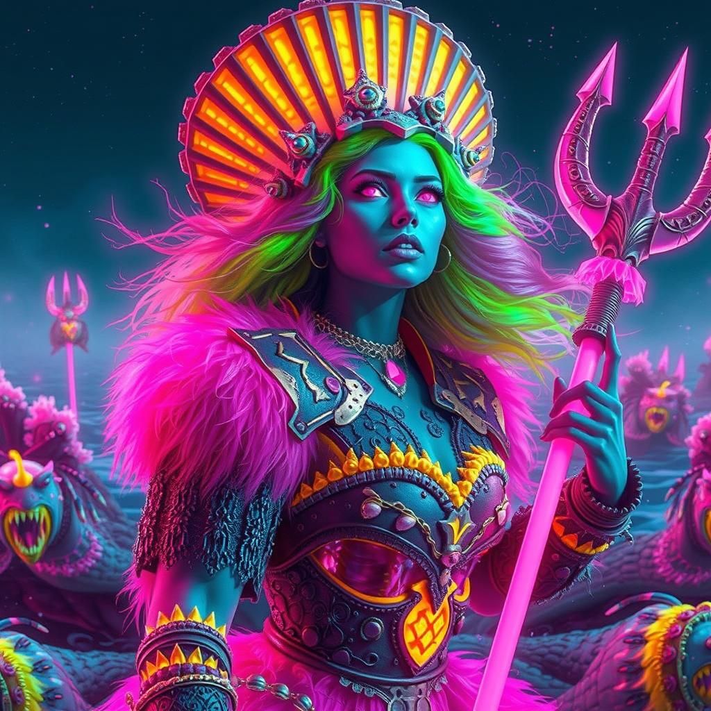 Ocean Sorceress Rides a Wave in Mixed Media Style