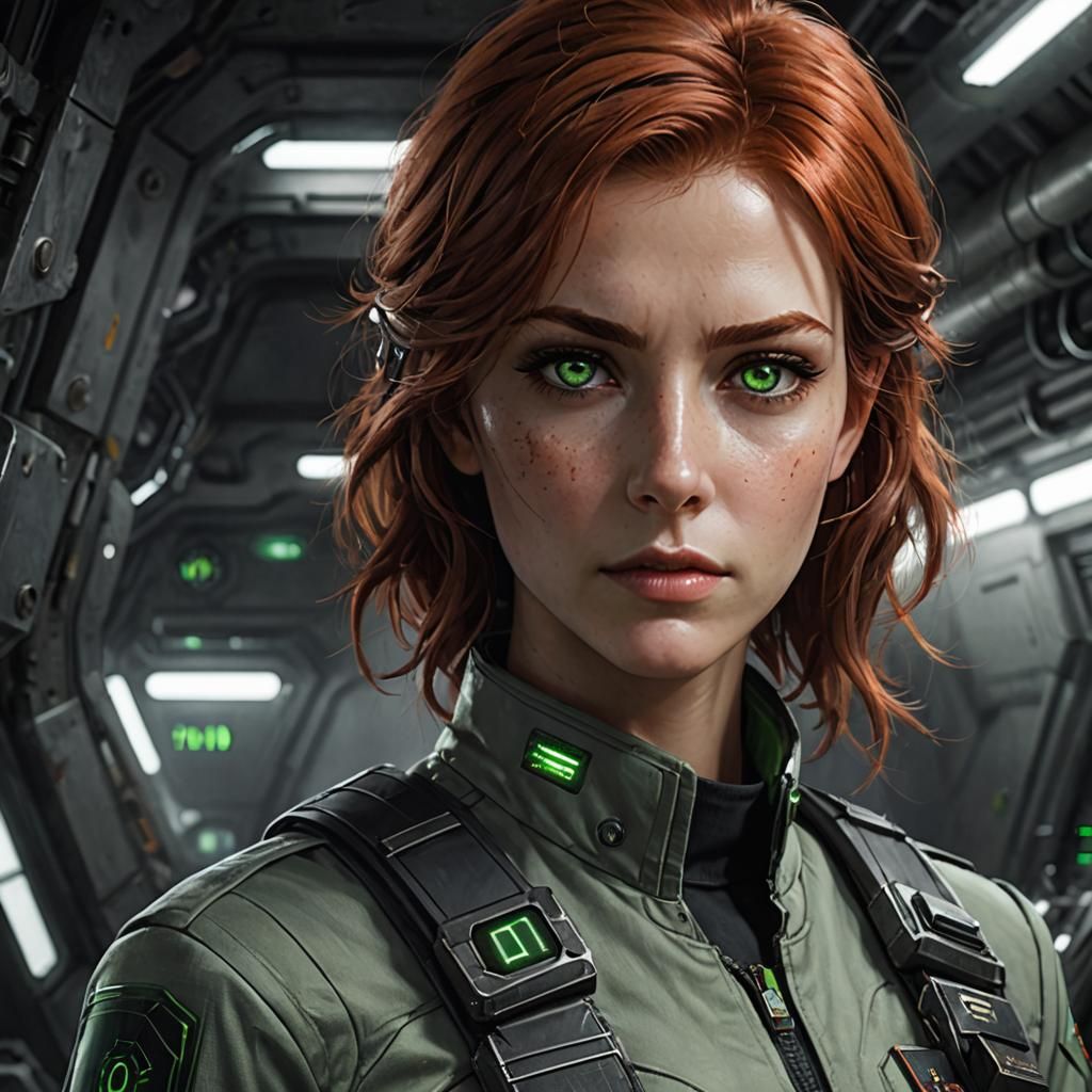 Sci-Fi Engineer with Red Hair in Dark Setting