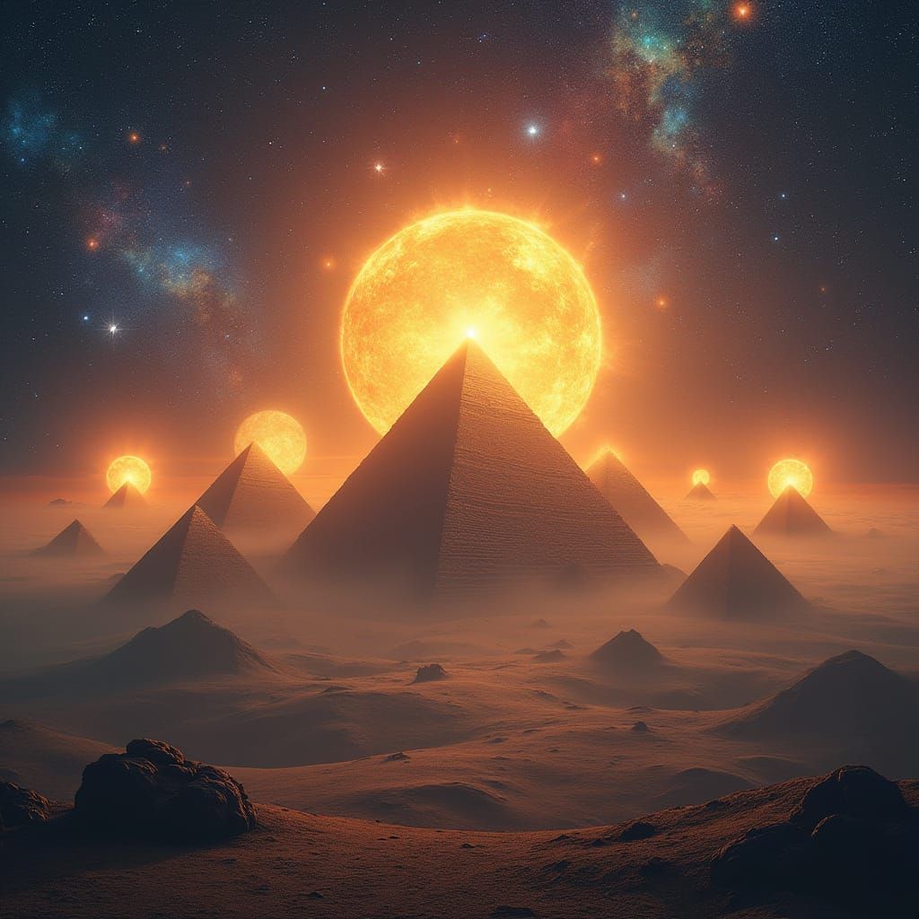 Golden Suns Rise Above Cosmic Pyramids