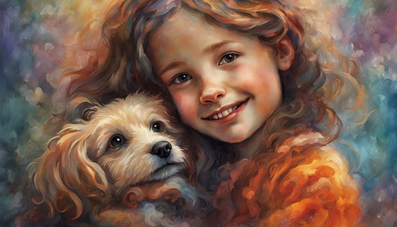 Loving Girl Hugs Dog in Vibrant Oil Painting