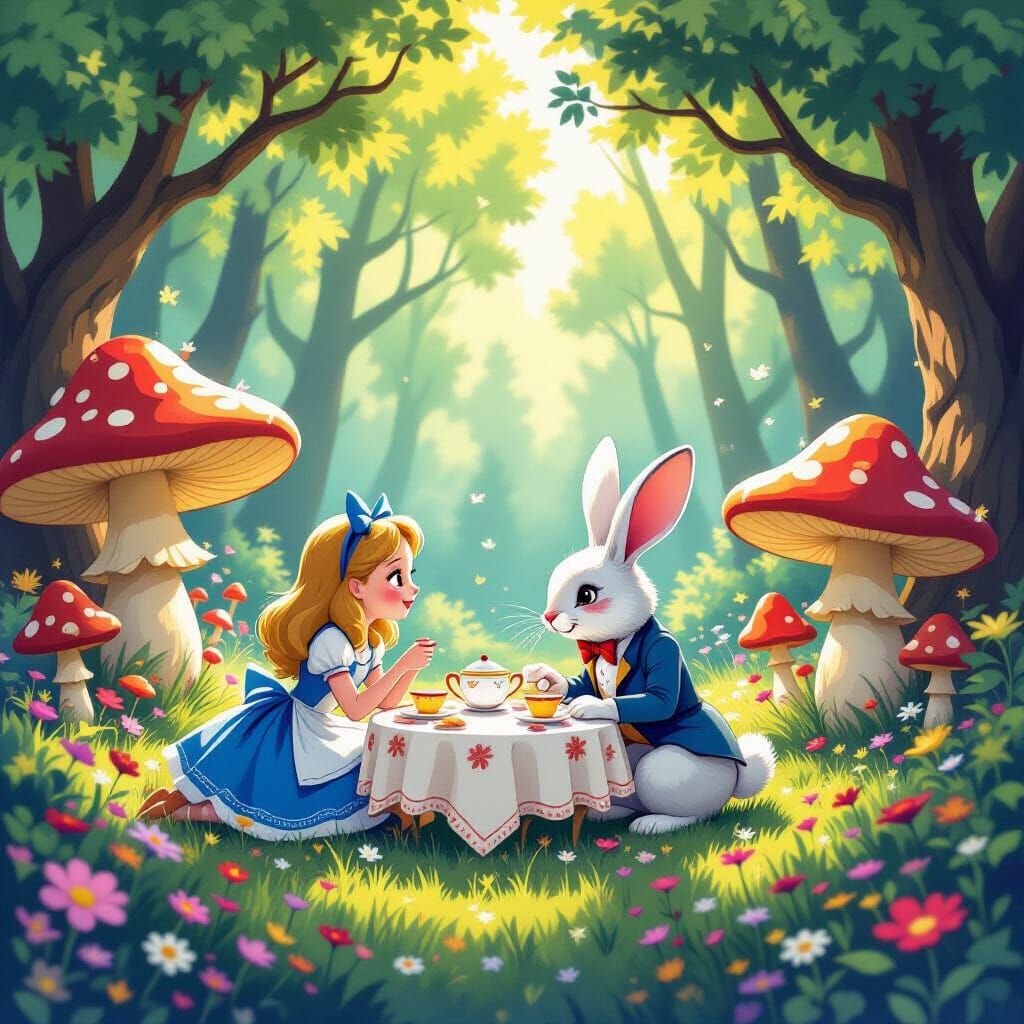 Alice and White Rabbit's Whimsical Forest Teatime