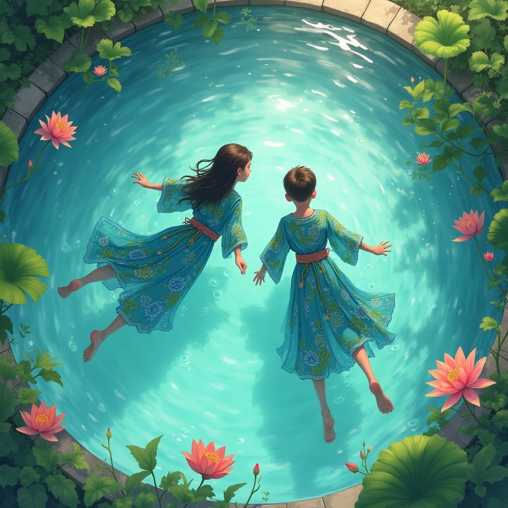 Twins in a Dreamy Aquatic Scene, in Whimsical Style