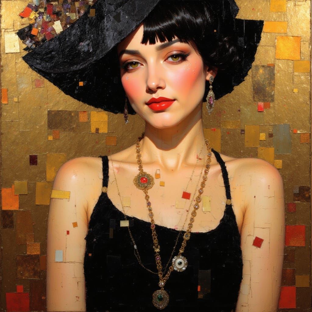 1920s Flapper Portrait in Art Deco Parlour Oil Painting