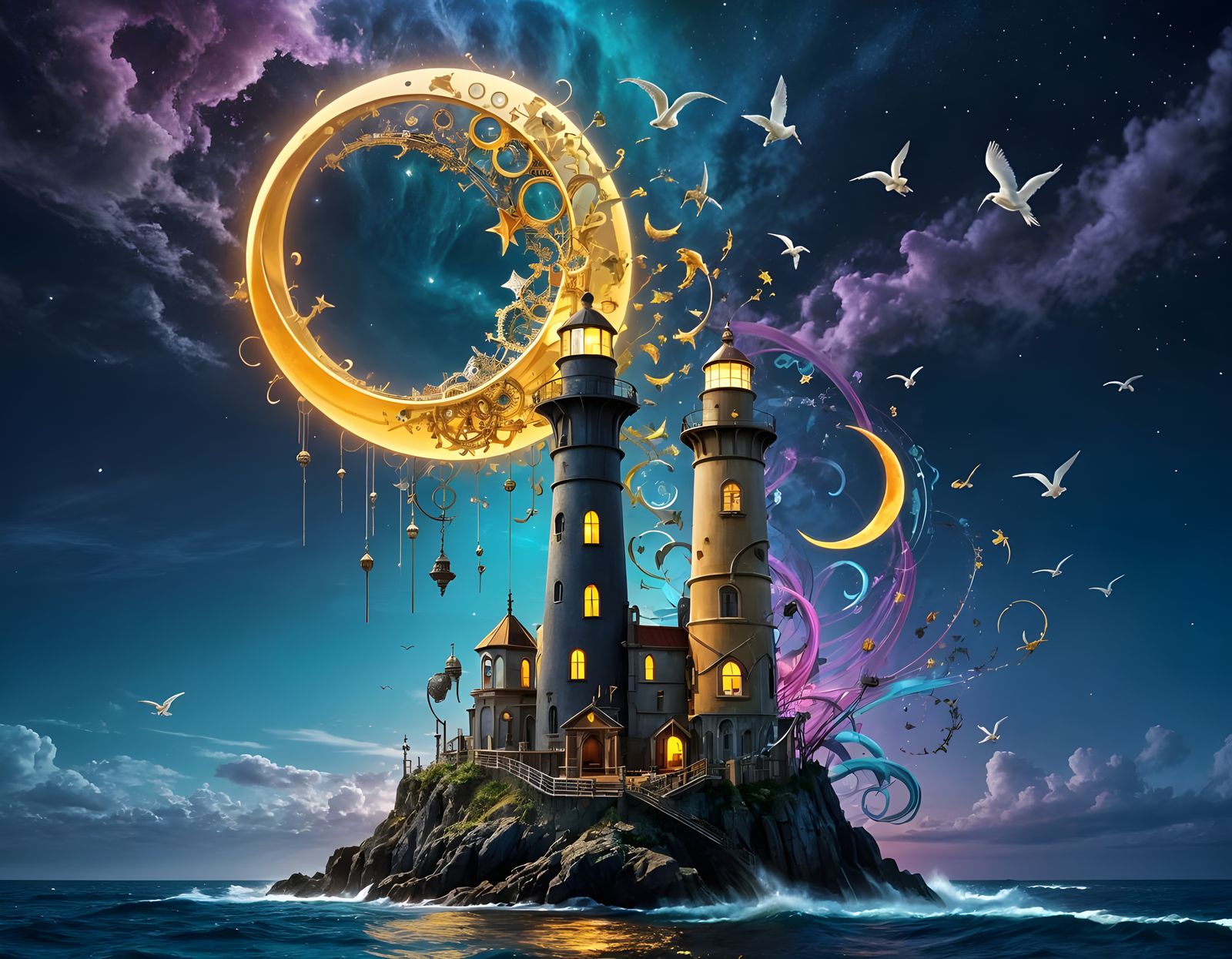 Steampunk Lighthouse Tower Under Crescent Moon
