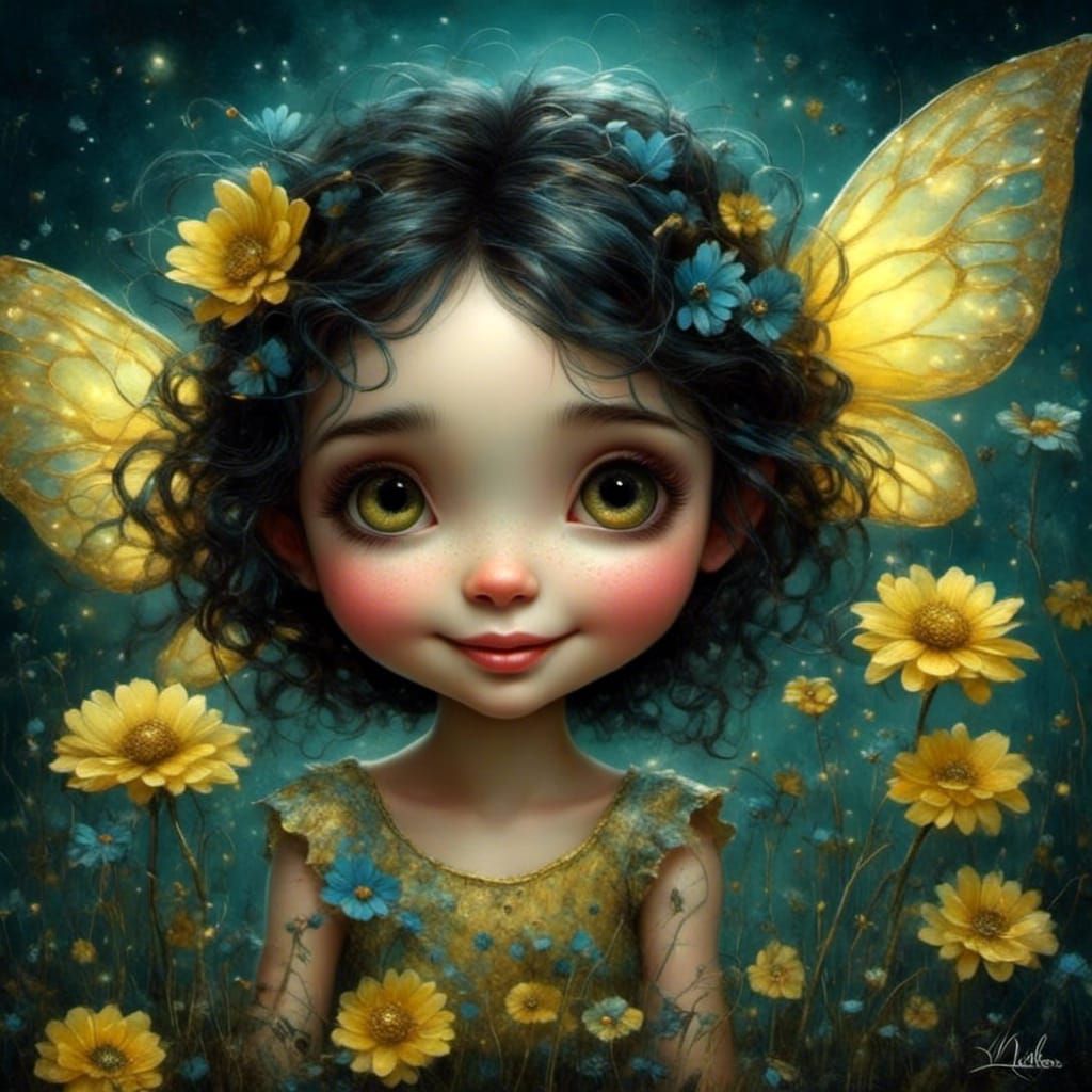 Fairy Girl on Flower, Night Scene
