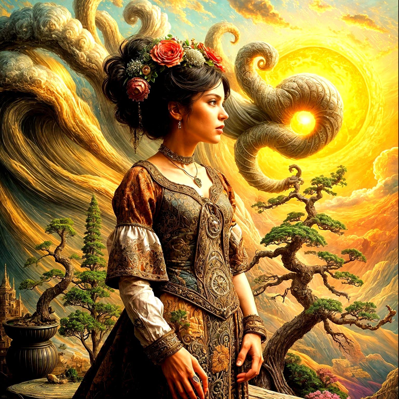 Dreamlike Bonsai Village Amidst Swirling Clouds