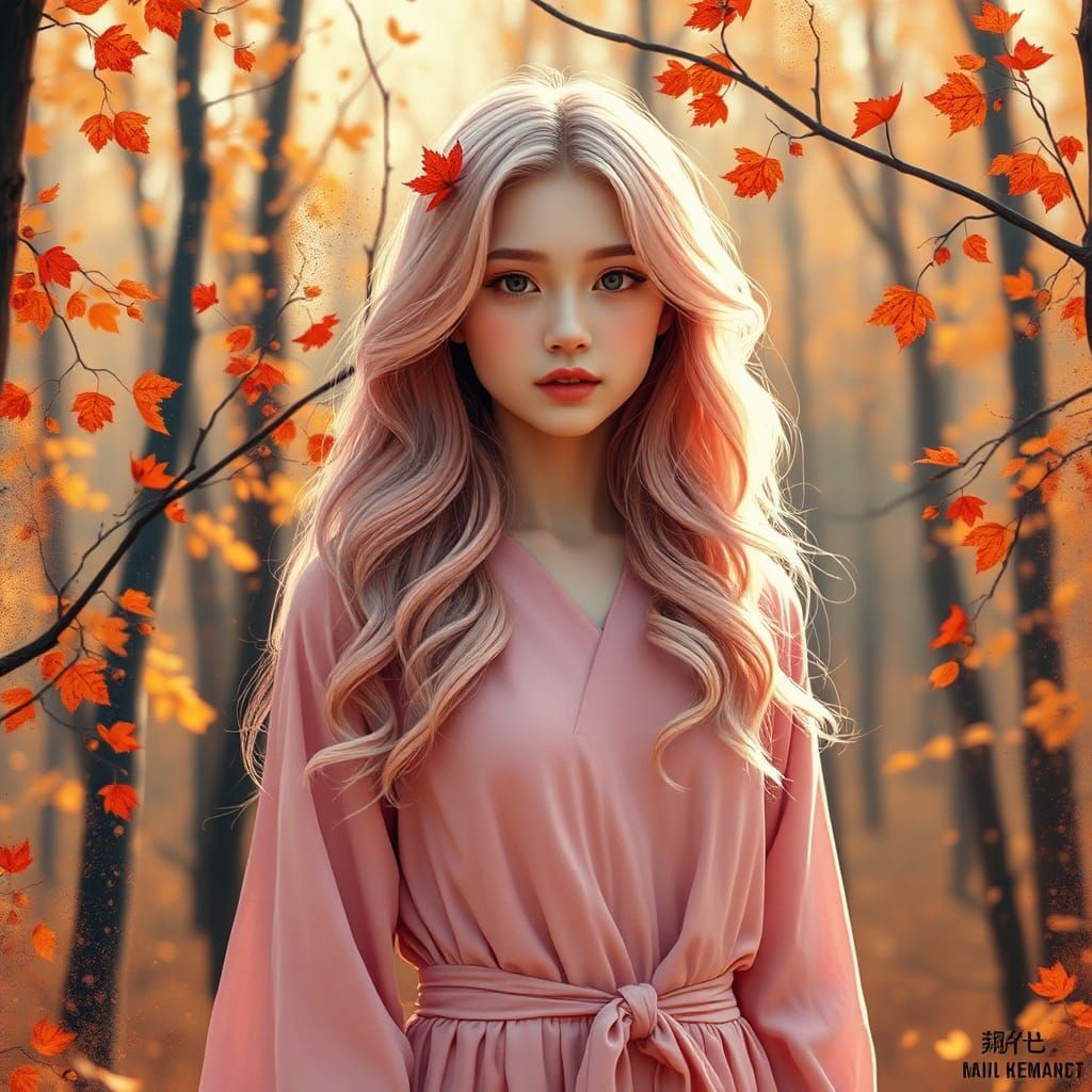 Woman in Autumn Forest, Anime-Inspired Cinematic Still