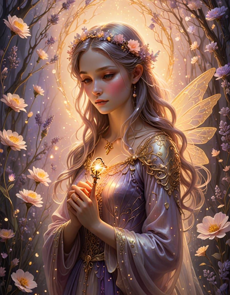 Ethereal Fairy Woman with Glowing Key in Dreamy Light