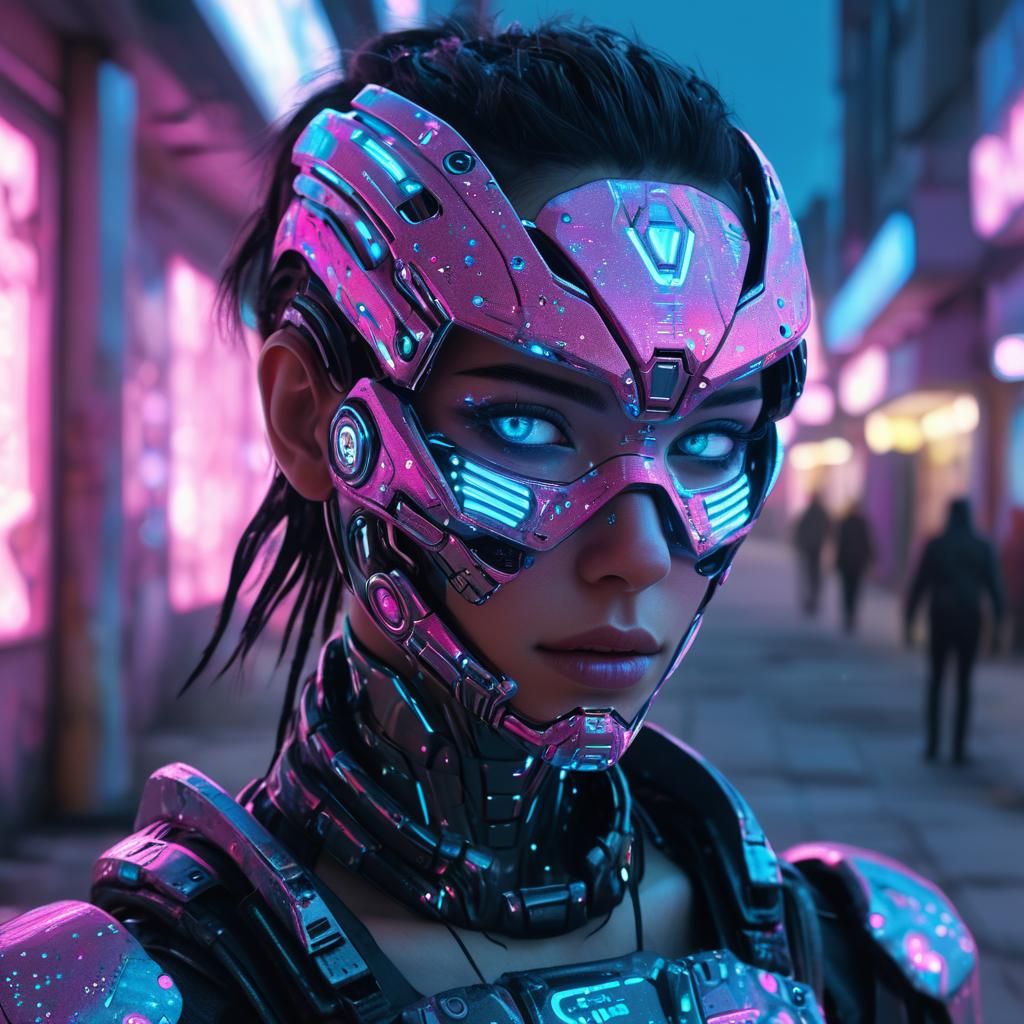 Cybernetic Warrior in a Neon Cyberpunk Mall