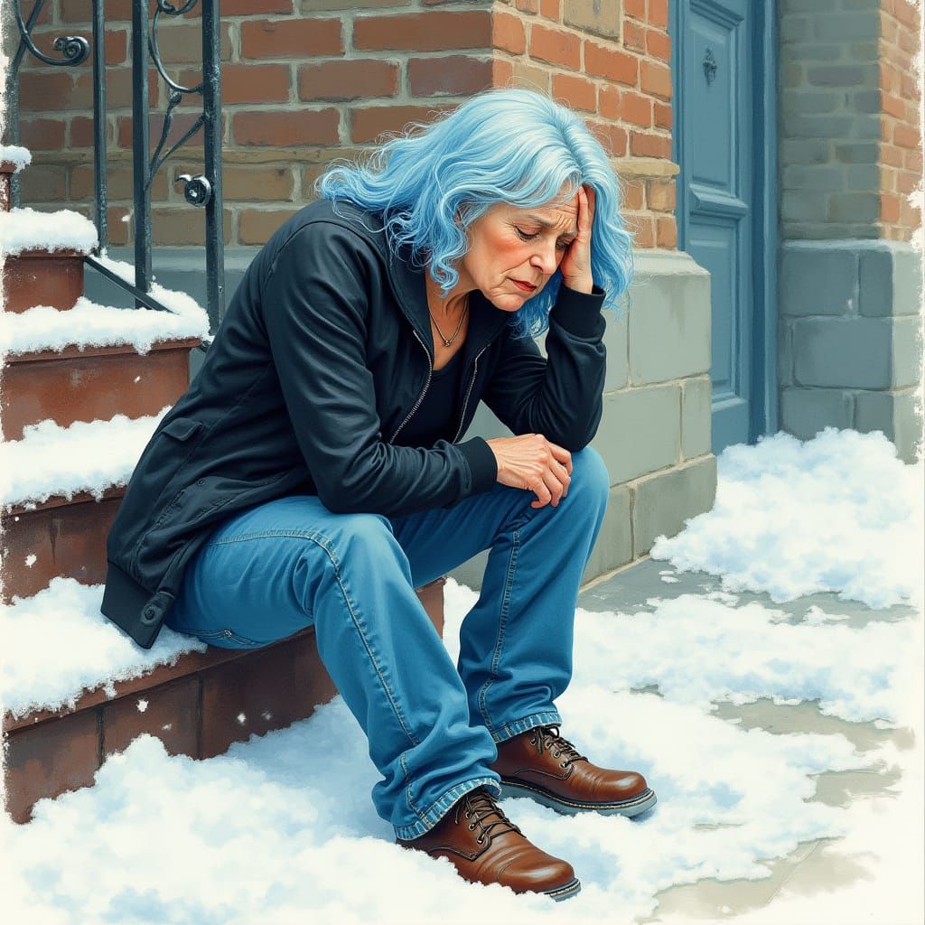 Vintage Snowy Scene of a Blue Haired Woman in Distress