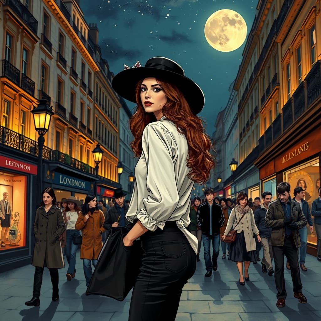 Elegant Woman in Fancy Hat Walks London Streets Under Full M...