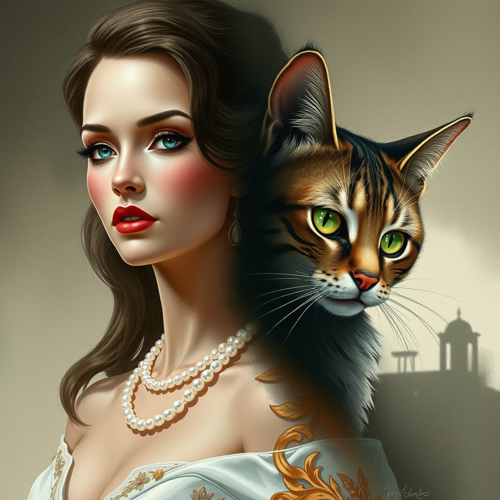 Elegant Lady and Cat in Futuristic Mixed Media