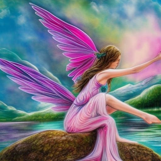 Fairy with Pink Wings at Lakeside: Digital Art