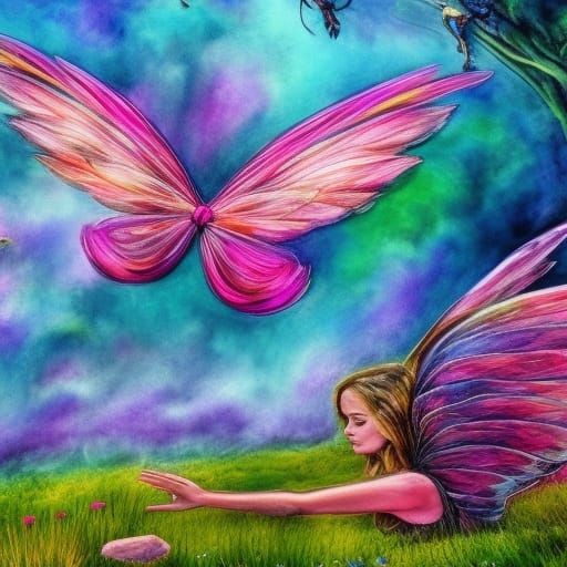 Fairy with Pink Wings at Lakeside: Hyperrealistic Splash Art