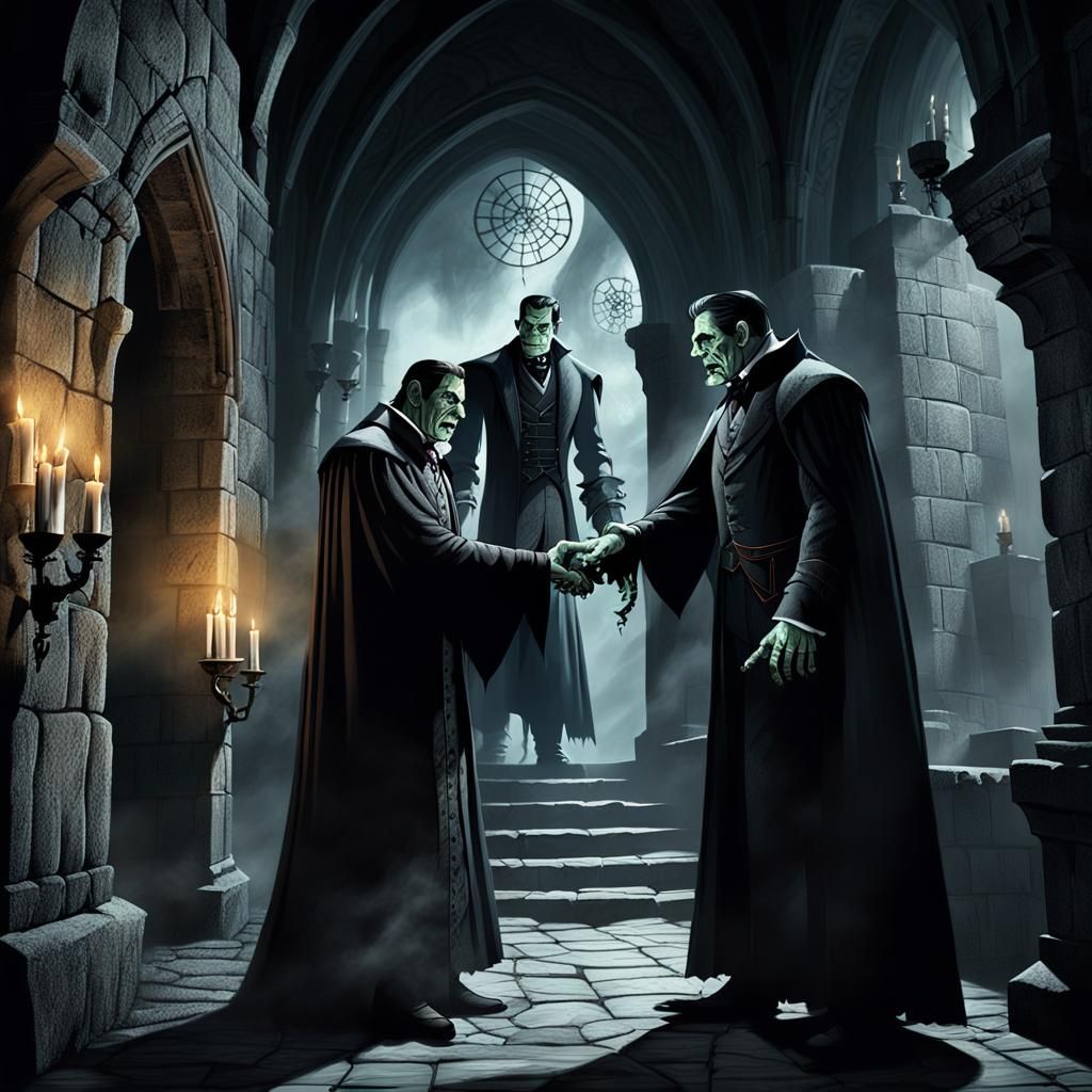 Frankenstein and Dracula: Gothic Horror Illustration