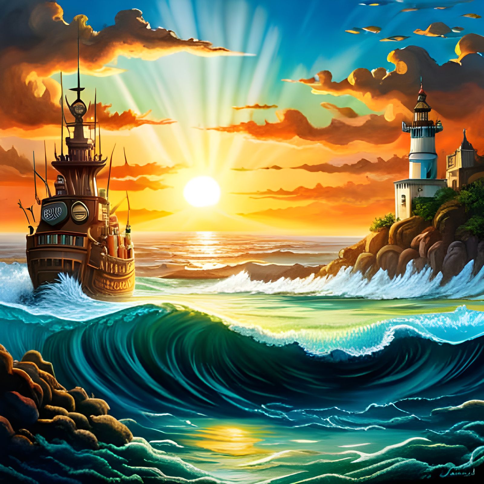 Whimsical Fish Submarine in Enchanted Ocean