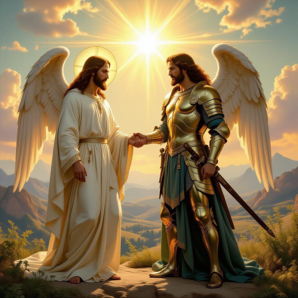 Jesus and Archangel Michael in Heavenly Renaissance Style