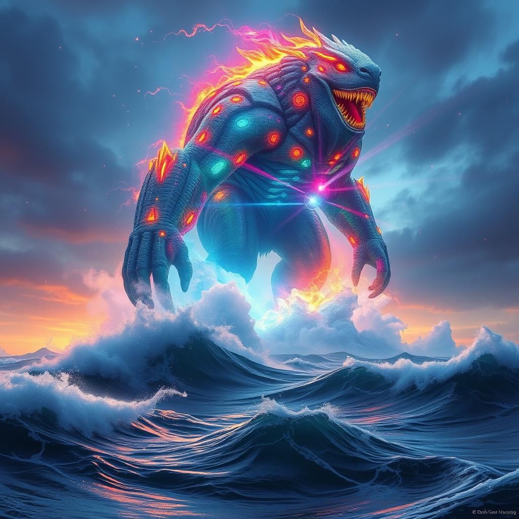 Light Titan Casting Spell on Tumultuous Ocean