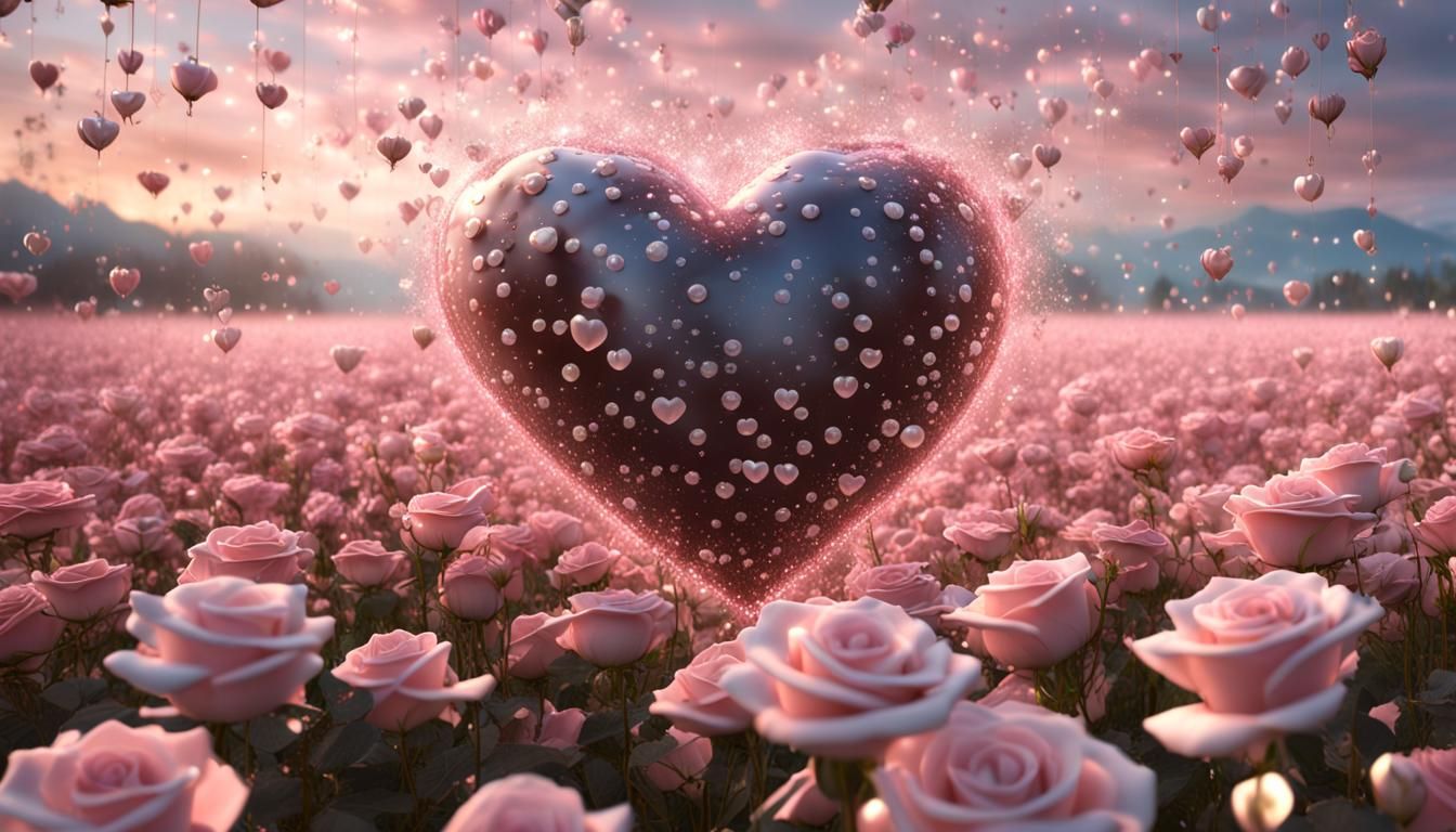 Heart Chocolates Falling in a Rose Field