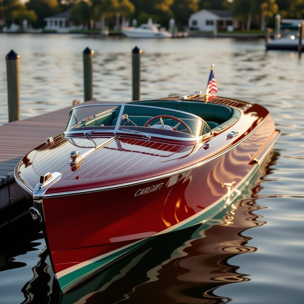 Glossy Red Mahogany Speedboat at Dock in Golden Hour