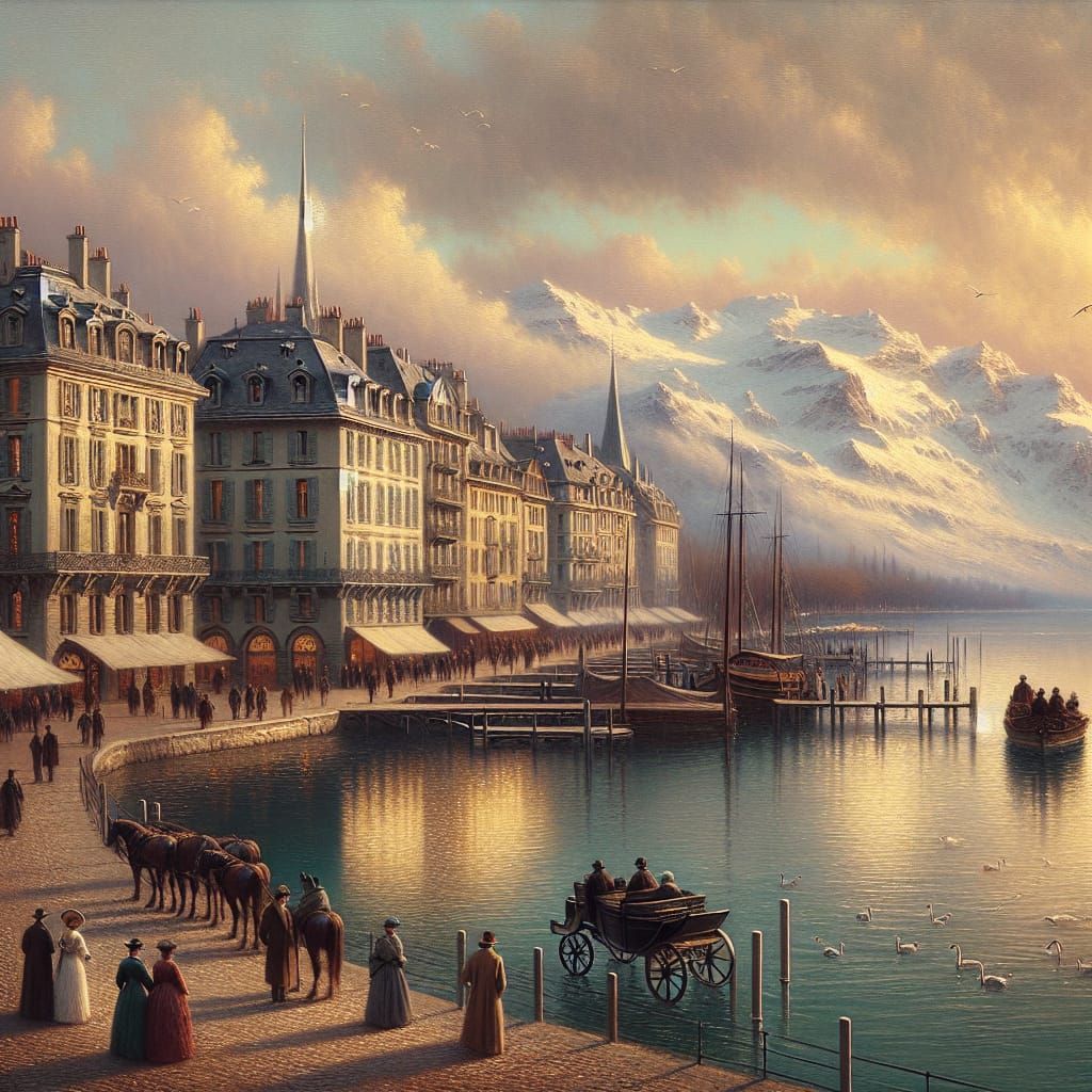 A picturesque, serene painting of Geneva, Switzerland, inspired by the style of John Constable.