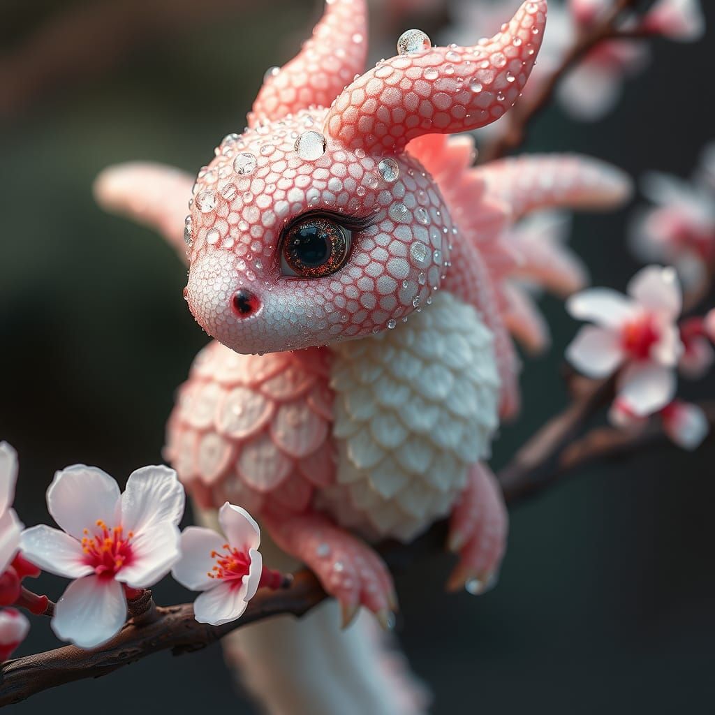 Fluffy Dragon on Cherry Blossom Branch