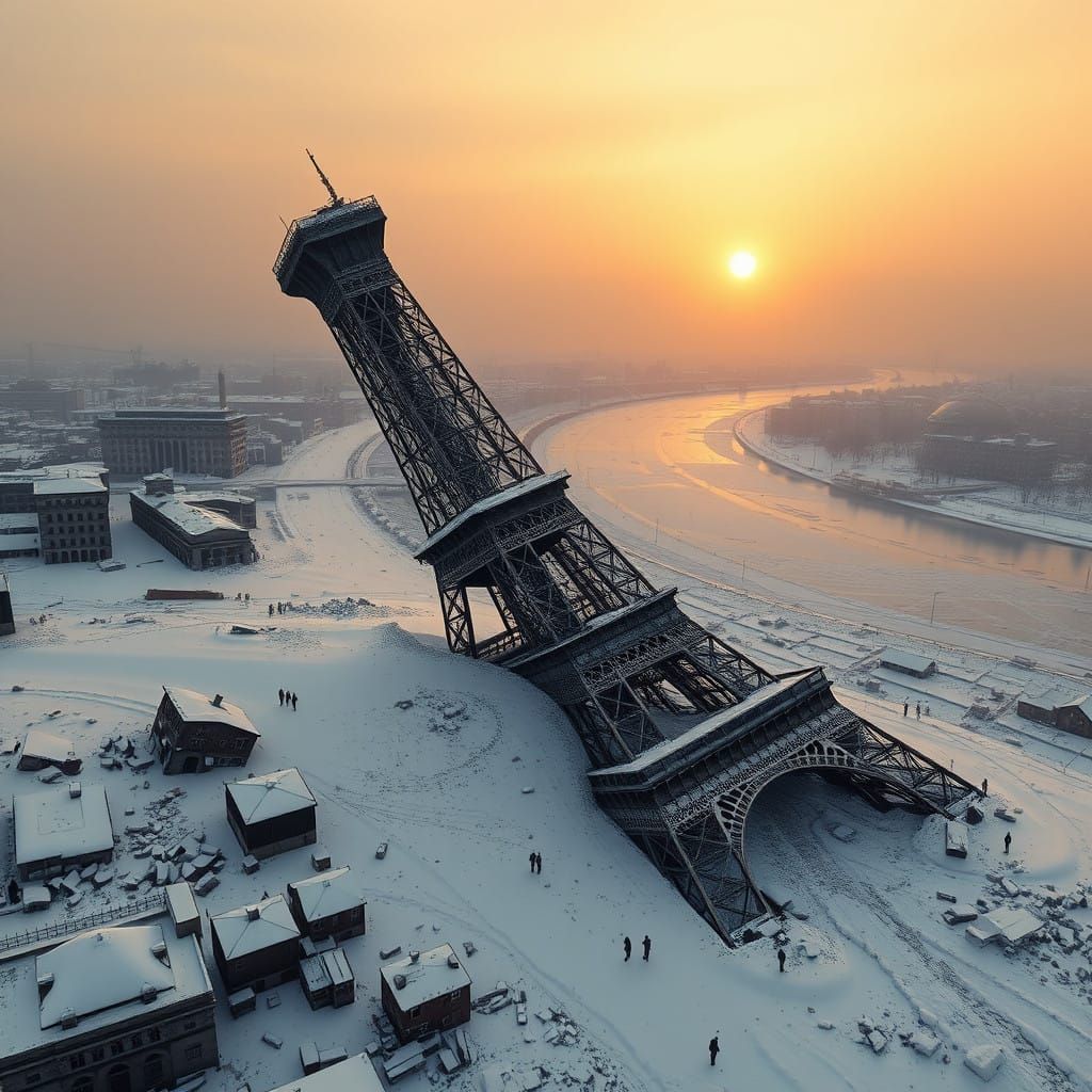 Frozen Ruins of the Eiffel Tower in a Post-Apocalyptic Winte...