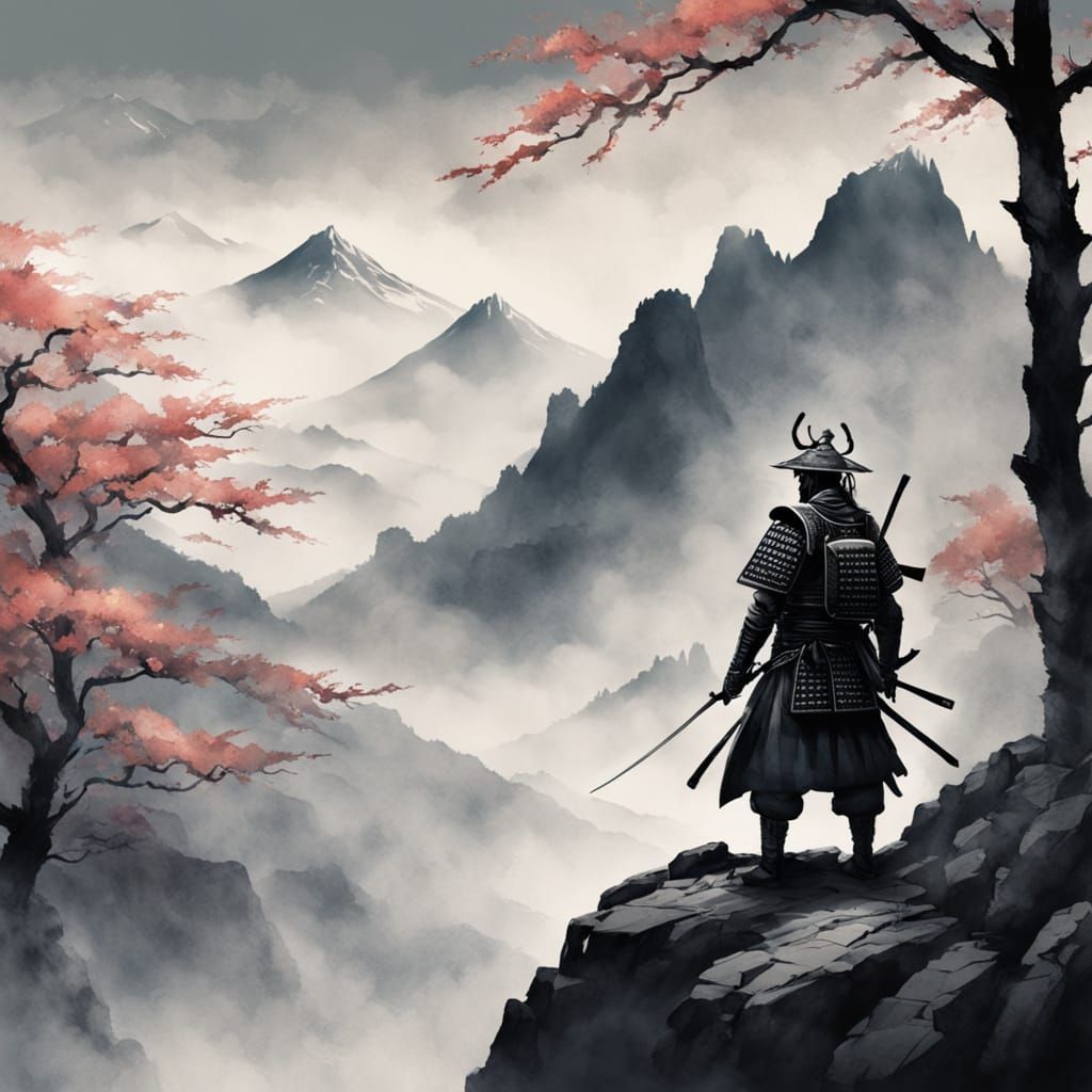 Traditional Japanese Warrior in Misty Mountain Landscape