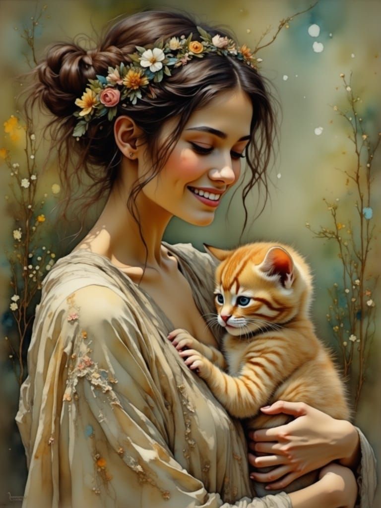 Serene Nymph with Kitten in Dreamy Landscape