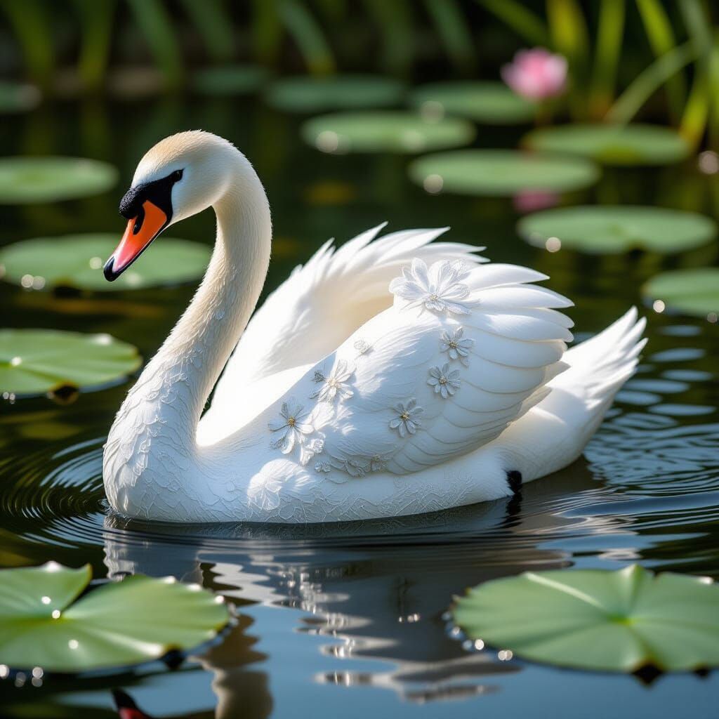 An ultra-photorealistic swan sculpted entirely from fine French Chantilly lace, glides across a realistic natural pond s...