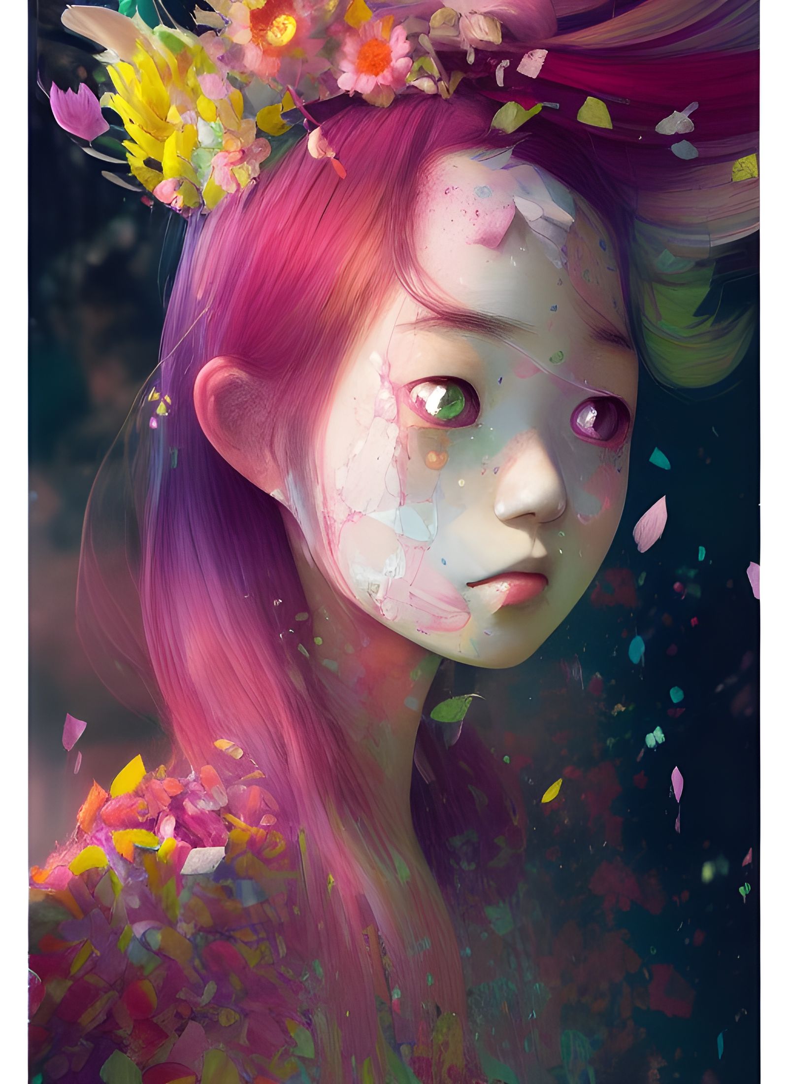 Girl Turns Into Colorful Flower Petals