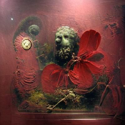 Antikythera Mechanism with Red Flowers: Dark Illustration