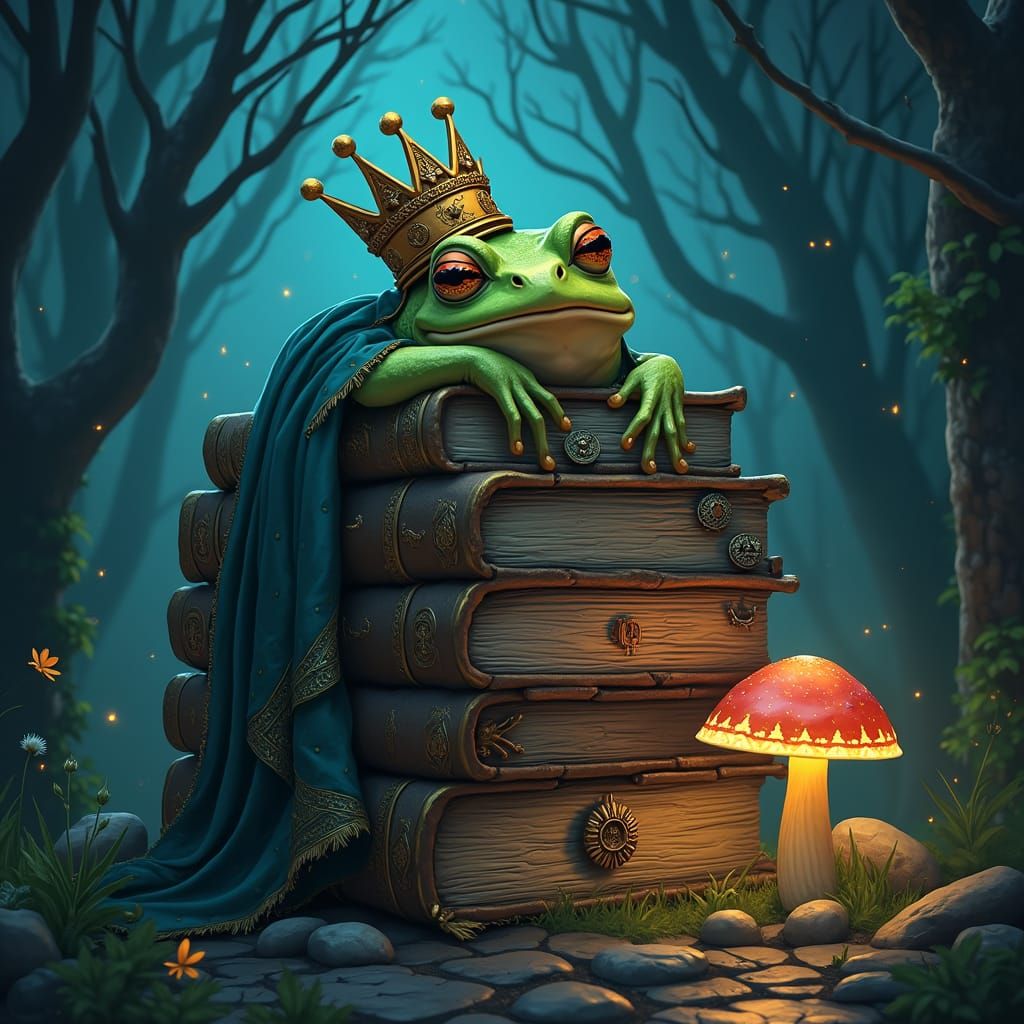 Regal Frog Slumbers Among Ancient Tomes in Enchanted Forest