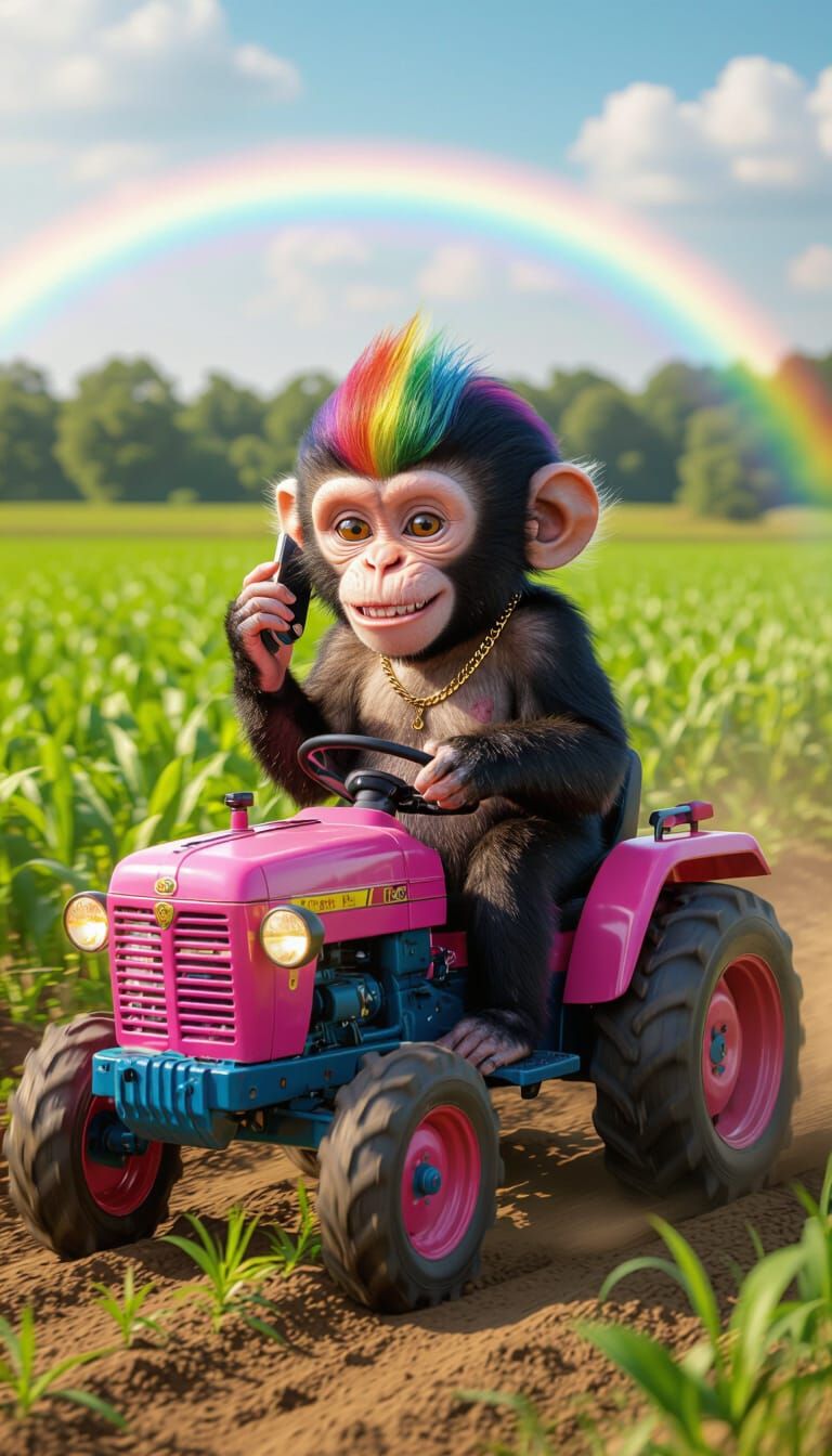 Baby Monkey in Rainbow Hair Rides Tractor with Smartphone
