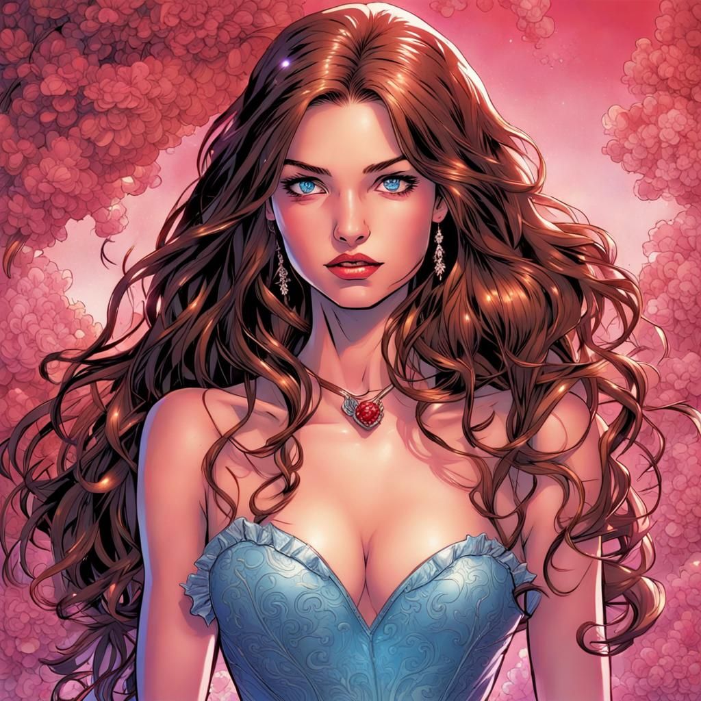 Teen in Red Gown: Comic Book Style Illustration