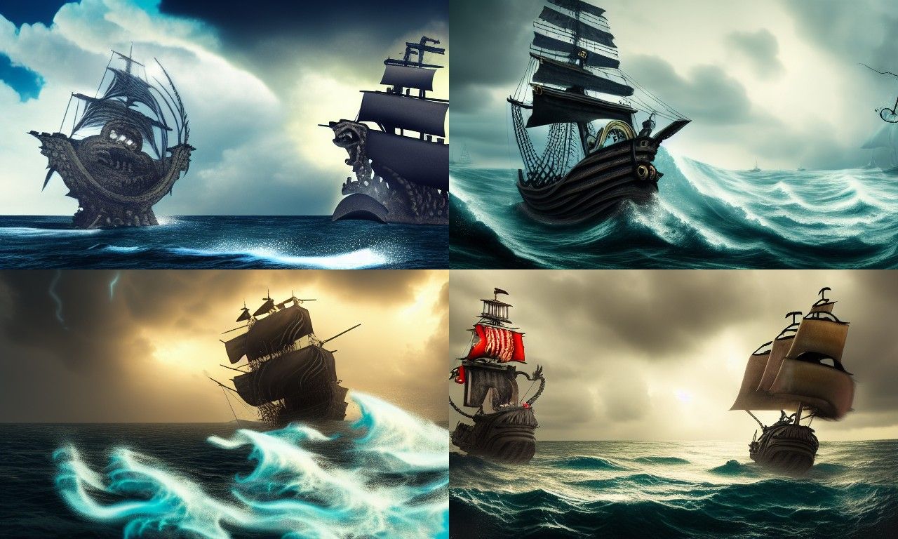 Sea Monster Attack on Pirate Ship in Storm