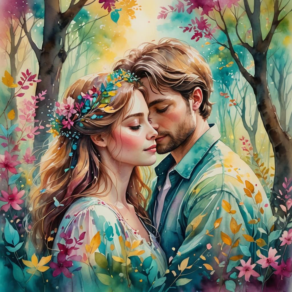 Romantic Couple Embrace in Watercolor Forest
