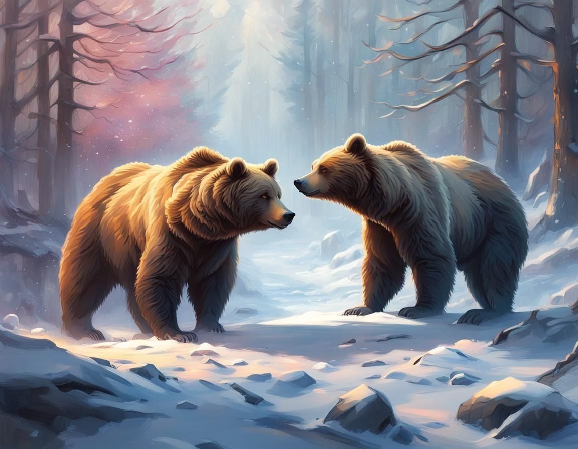 Cozy Winter Landscape with Bears in Fantasy Style