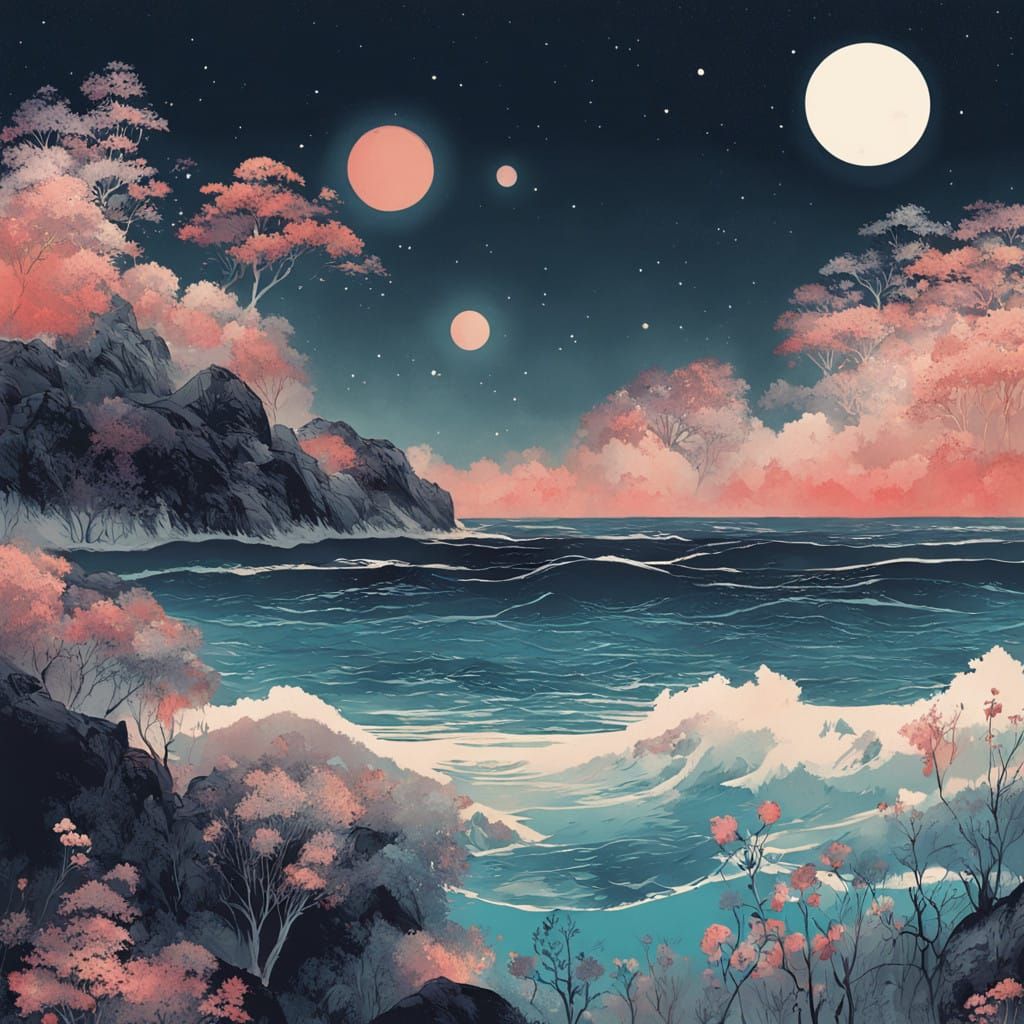 Surreal Nocturnal Ocean Scene in Pastel Colors