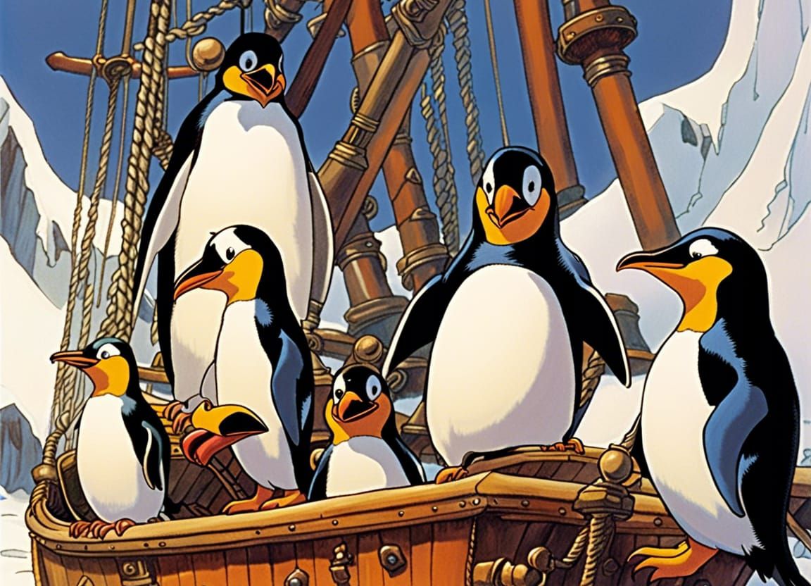 Pirate Penguins on Snow Ship in Ghibli Style
