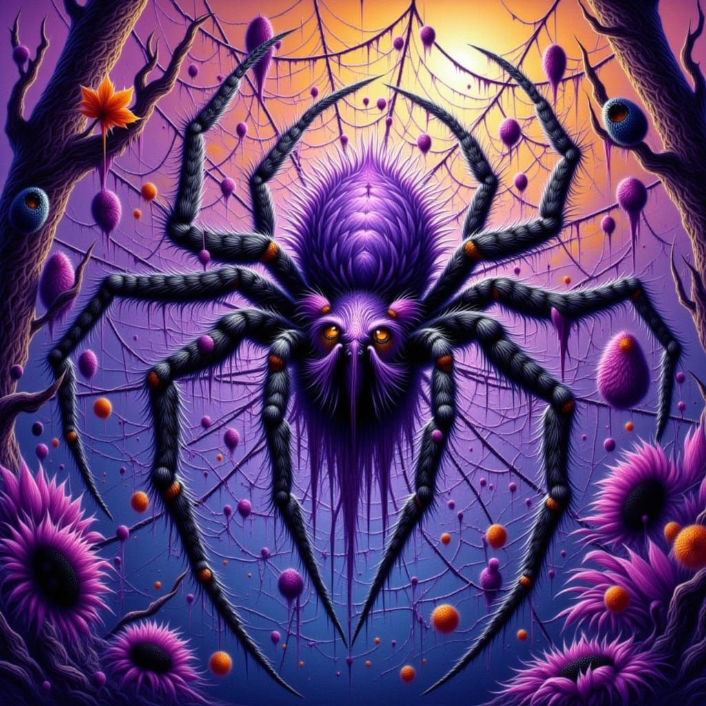 Whimsical Spider Web with Purple Spider in Watercolor Autumn...