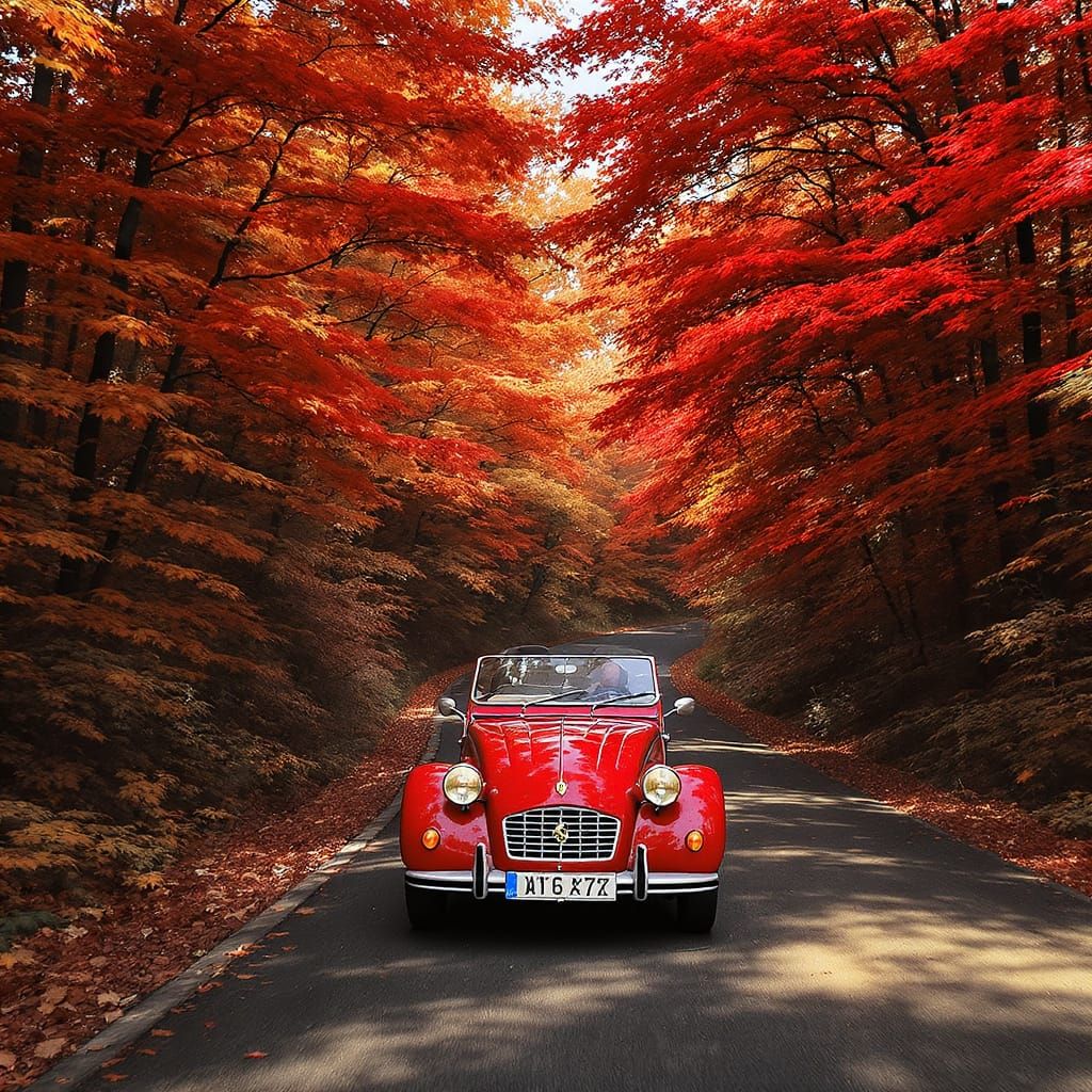 Ferrari Red Car Drives Through Autumn Forest