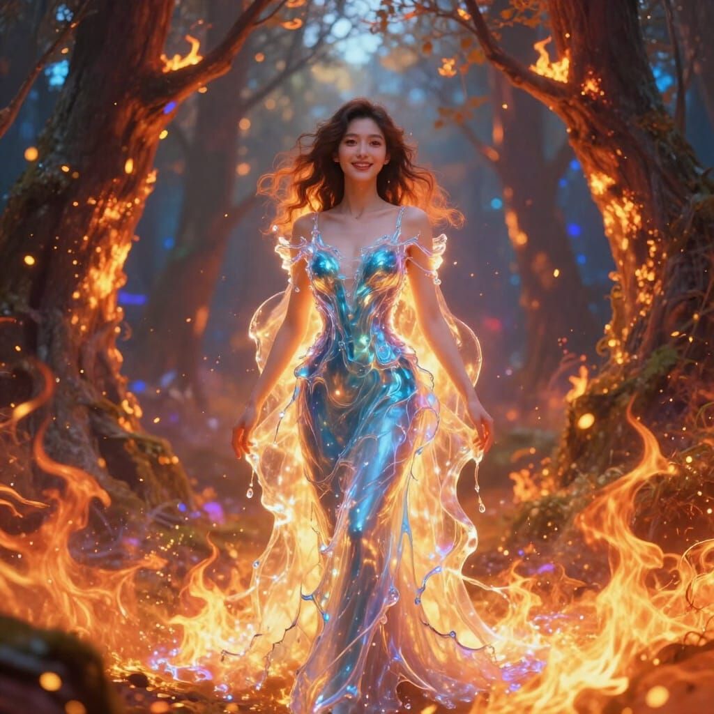 Woman in Fiery Forest with Water Gown