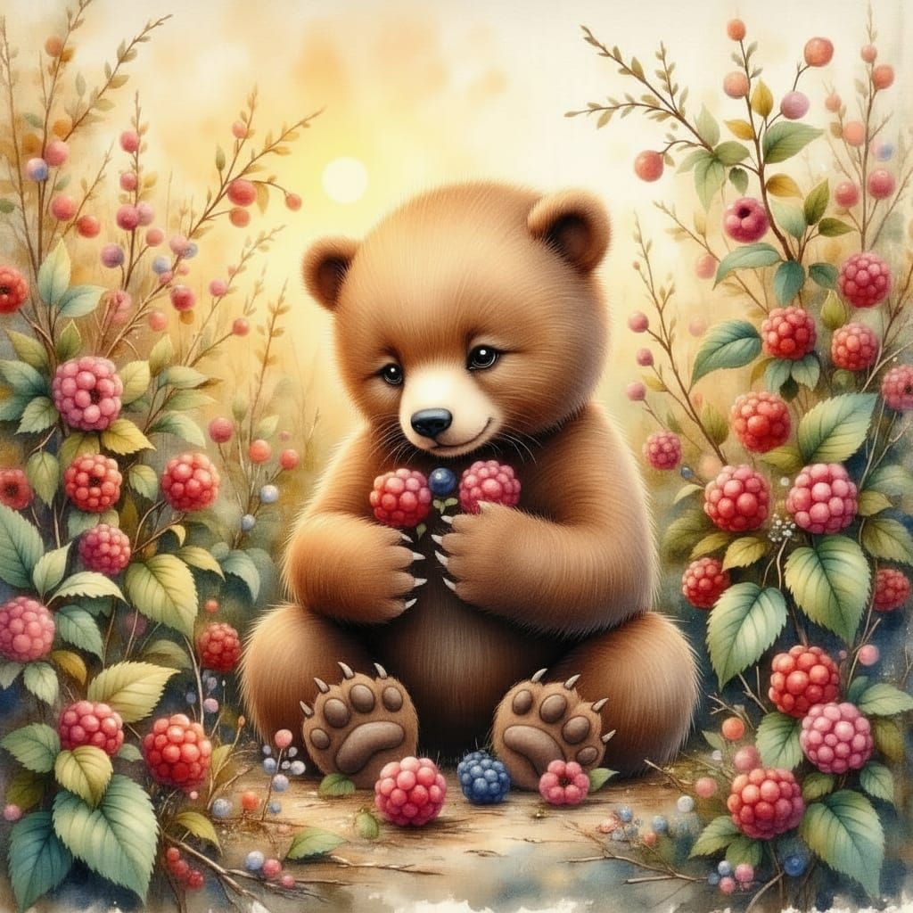 Bear Cub Enjoys Berries in Sunset Raspberry Patch