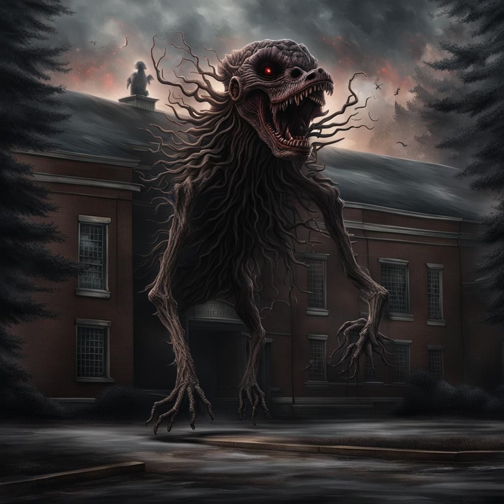 Stranger Things Demogorgon hovering above the school. Dark, ...