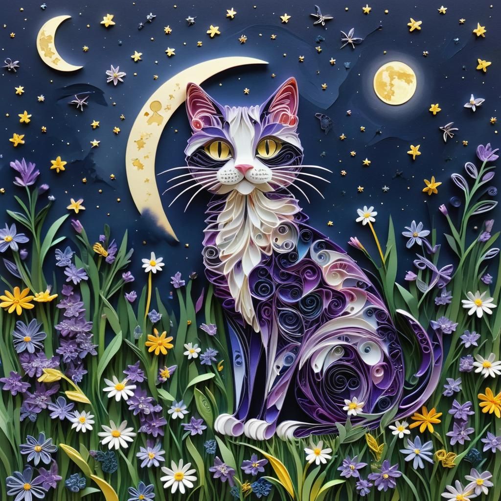 Majestic Purple Cat Under Starry Night Sky